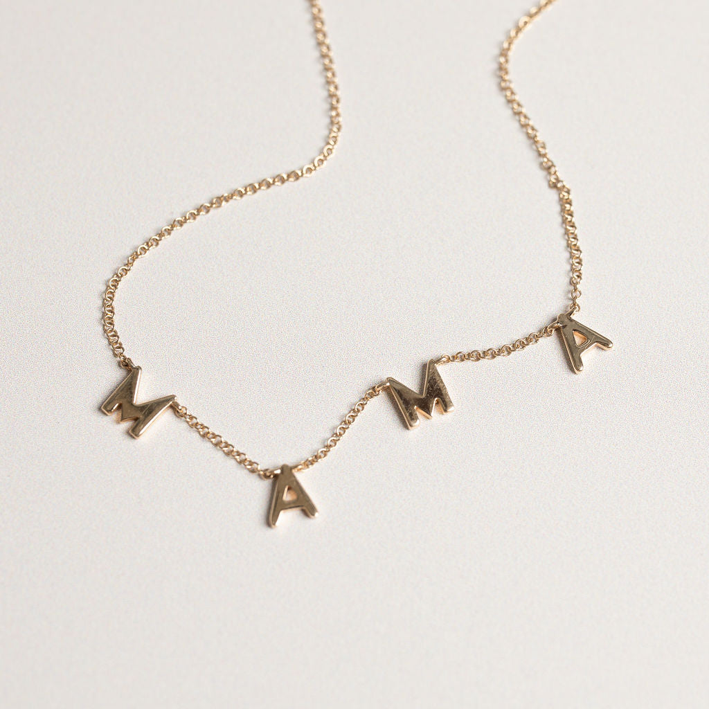 14k yellow gold MAMA letter station necklace