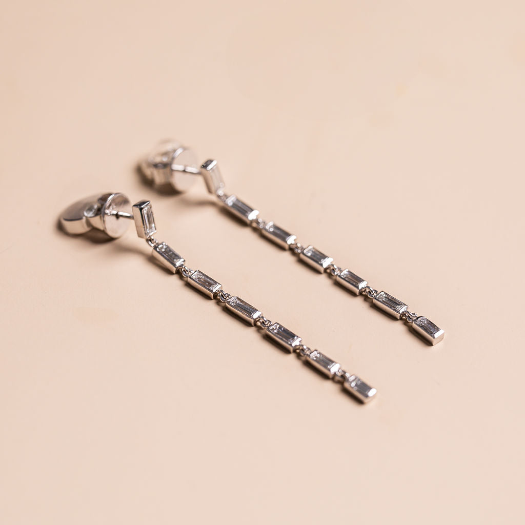 14k white gold bezel set baguette cut drop earrings modern vintage
