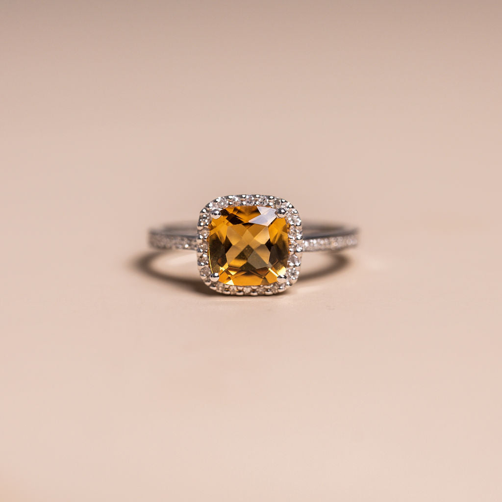 14k white gold cushion cut citrine diamond halo and pave band ring modern vintage