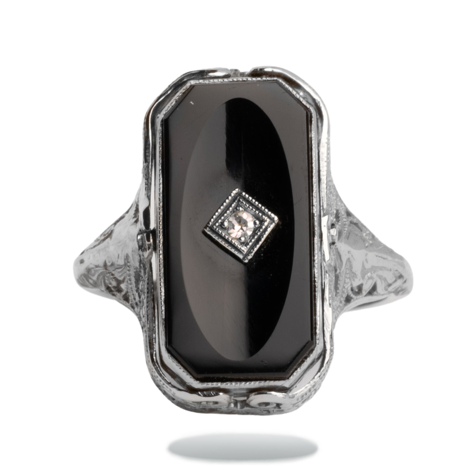 Estate 14k White Gold Art Deco Reversible Onyx & Cameo Ring