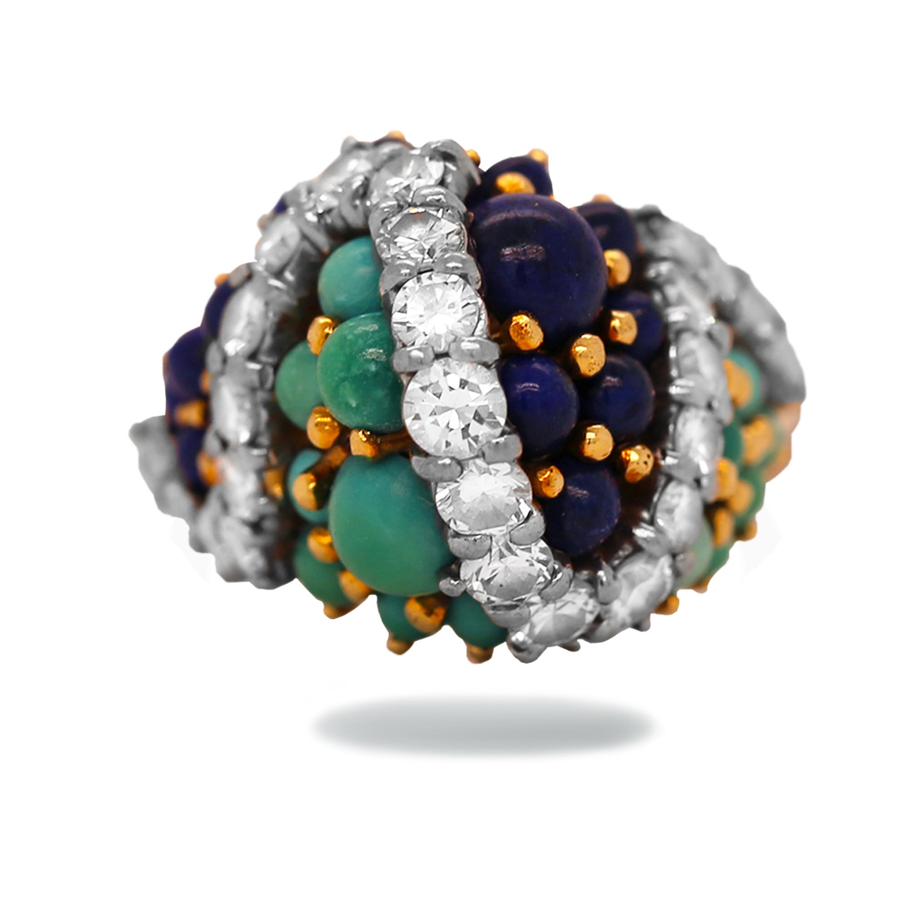 Estate 18k Yellow Gold Mid-Century Diamond Cocktail Ring with Turquoise and Lapis