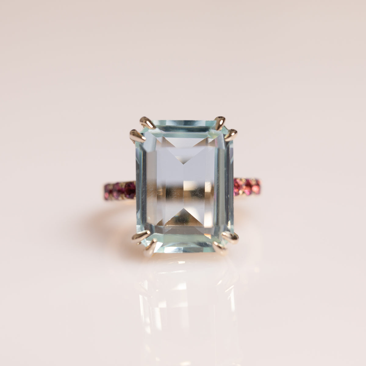 14k yellow gold emerald cut imitation aquamarine pink tourmaline cocktail ring
