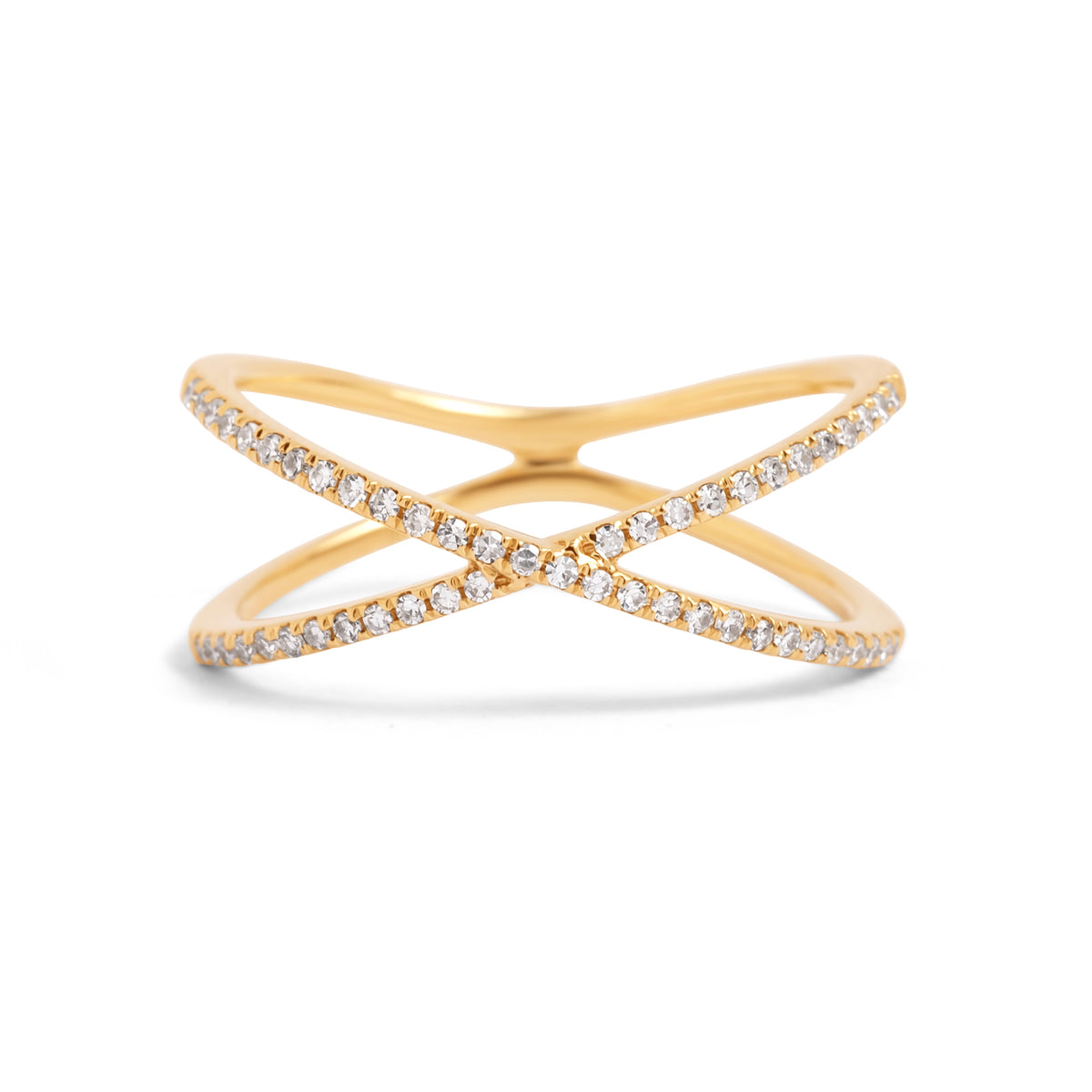 14k yellow gold diamond pave X ring stacking ring