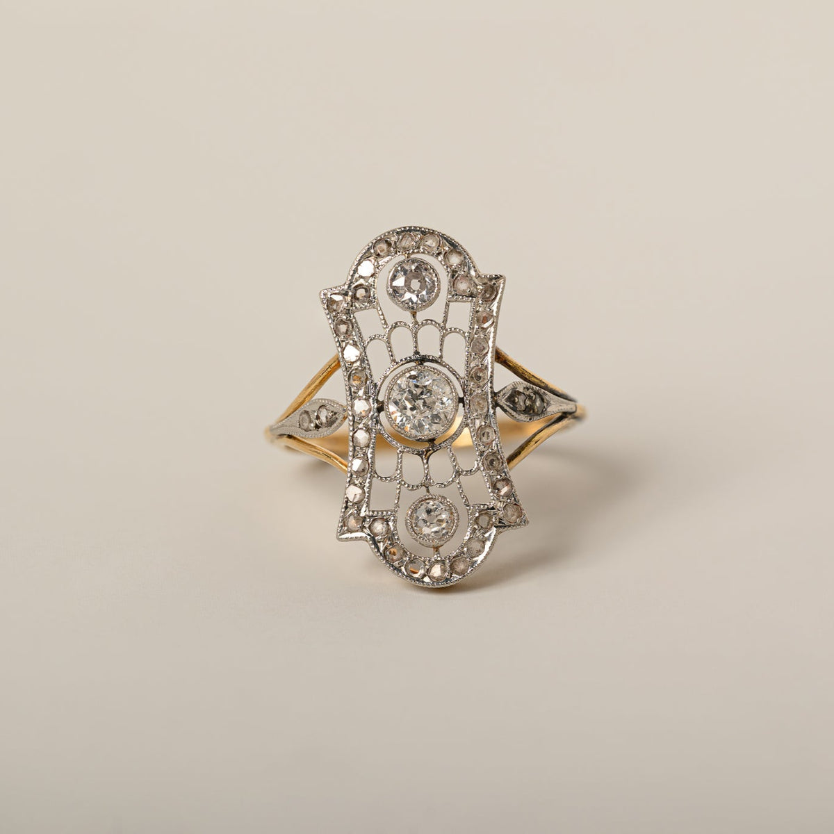 14k yellow white rose cut diamond french navette edwardian era ring