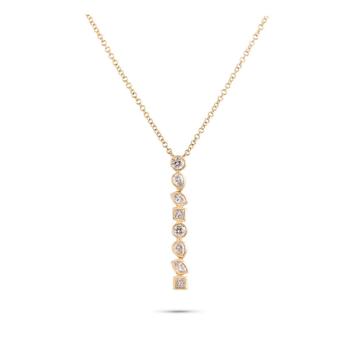 14k yellow gold bezel set staggered mixed diamond shaped vertical pendant necklace