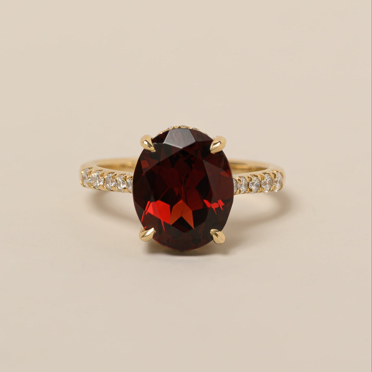 14k yellow gold oval cut Mozambique garnet diamond pave cocktail ring