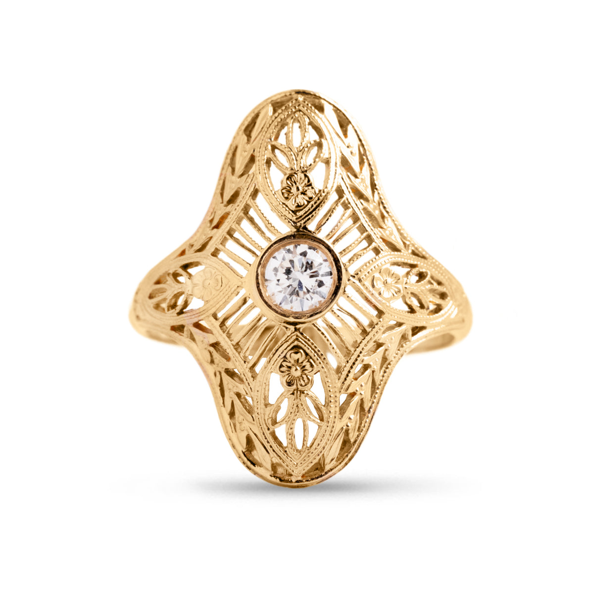 14k yellow gold estate filigree with diamond shield ring size 6.5