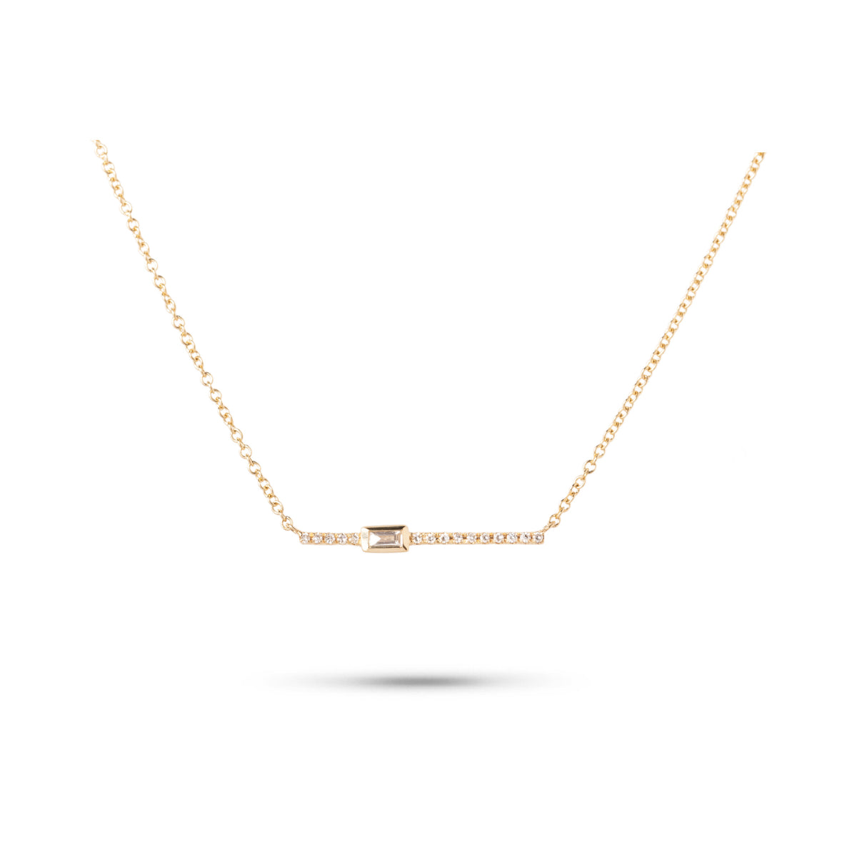 14k yellow gold diamond bar necklace with bezel set baguette
