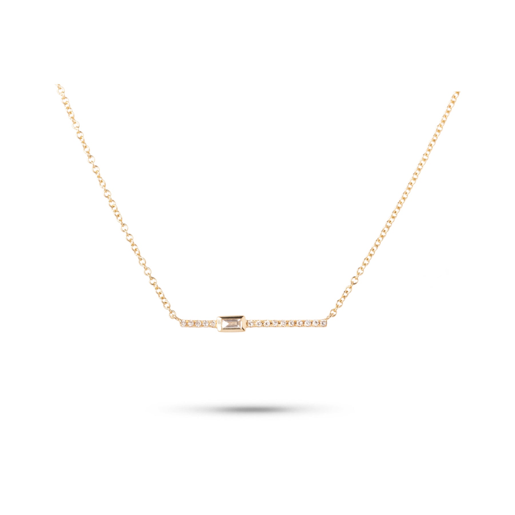 14k yellow gold diamond bar necklace with bezel set baguette