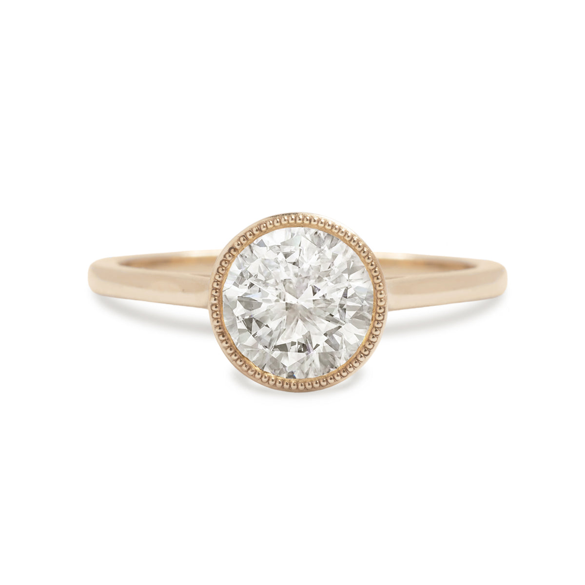 14k yellow, white, or rose gold diamond semi custom engagement ring solitaire bezel set with milgrain