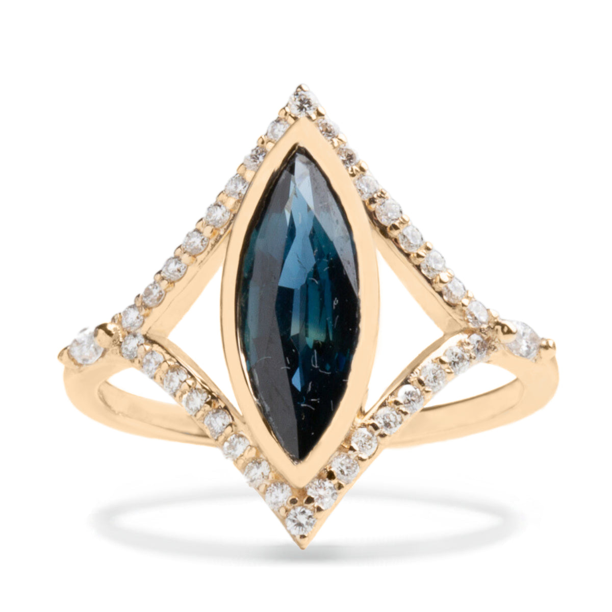 13.4ct marquise cut blue sapphire bezel set with diamond pave split shank 14k yellow gold gemstone ring
