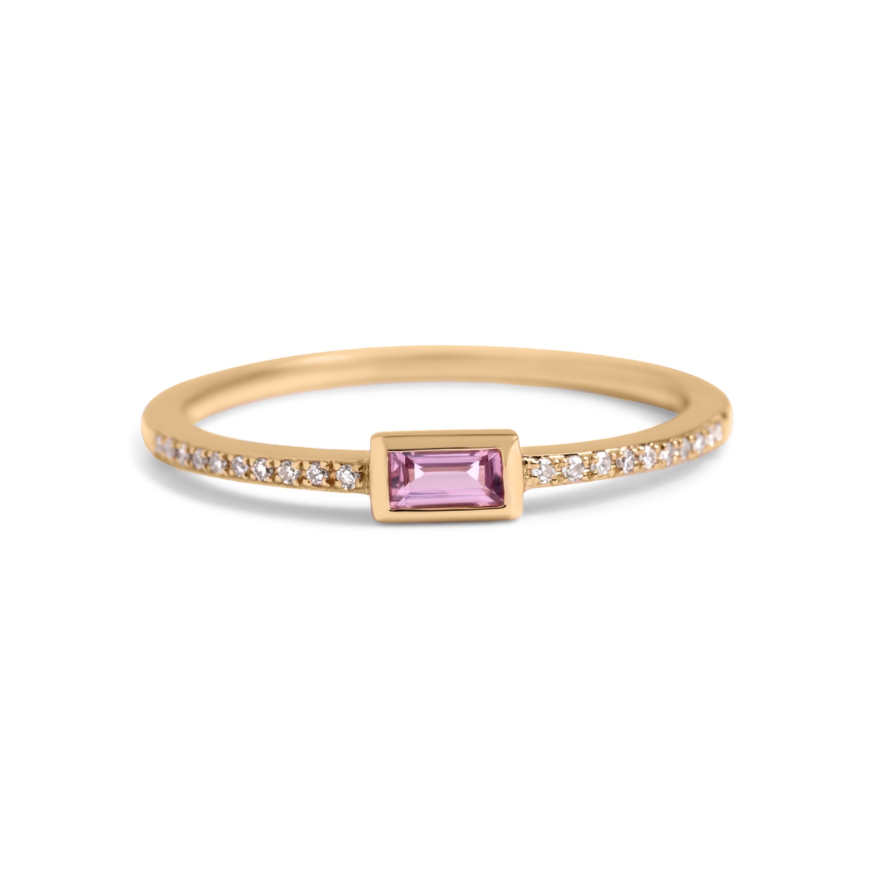 14k yellow or rose gold stacking ring with diamonds on the band and a bezel set pink sapphire, ruby, or blue sapphire