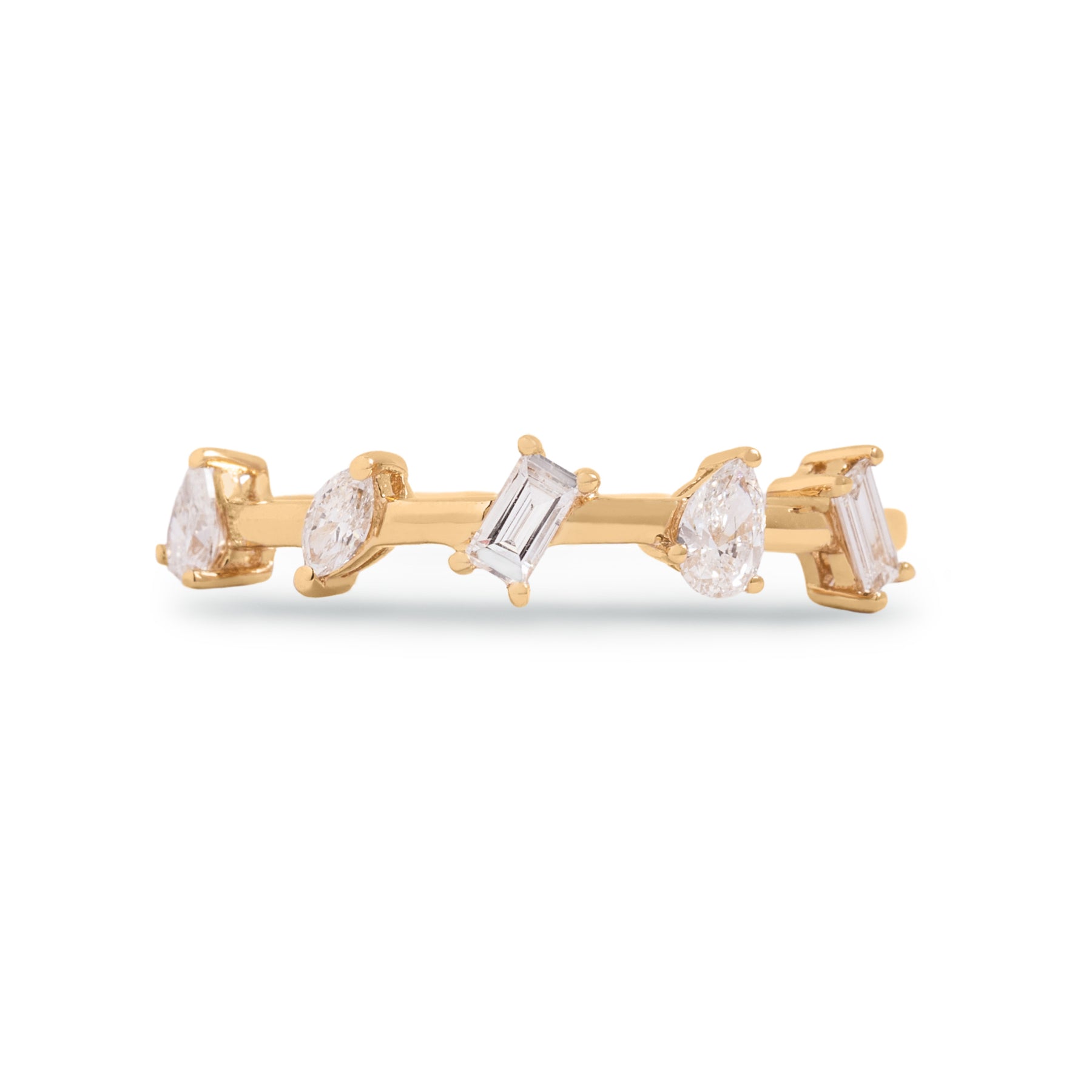 14k yellow gold mixed diamond cuts staggered ring marquise diamond baguette diamond pear shape diamond