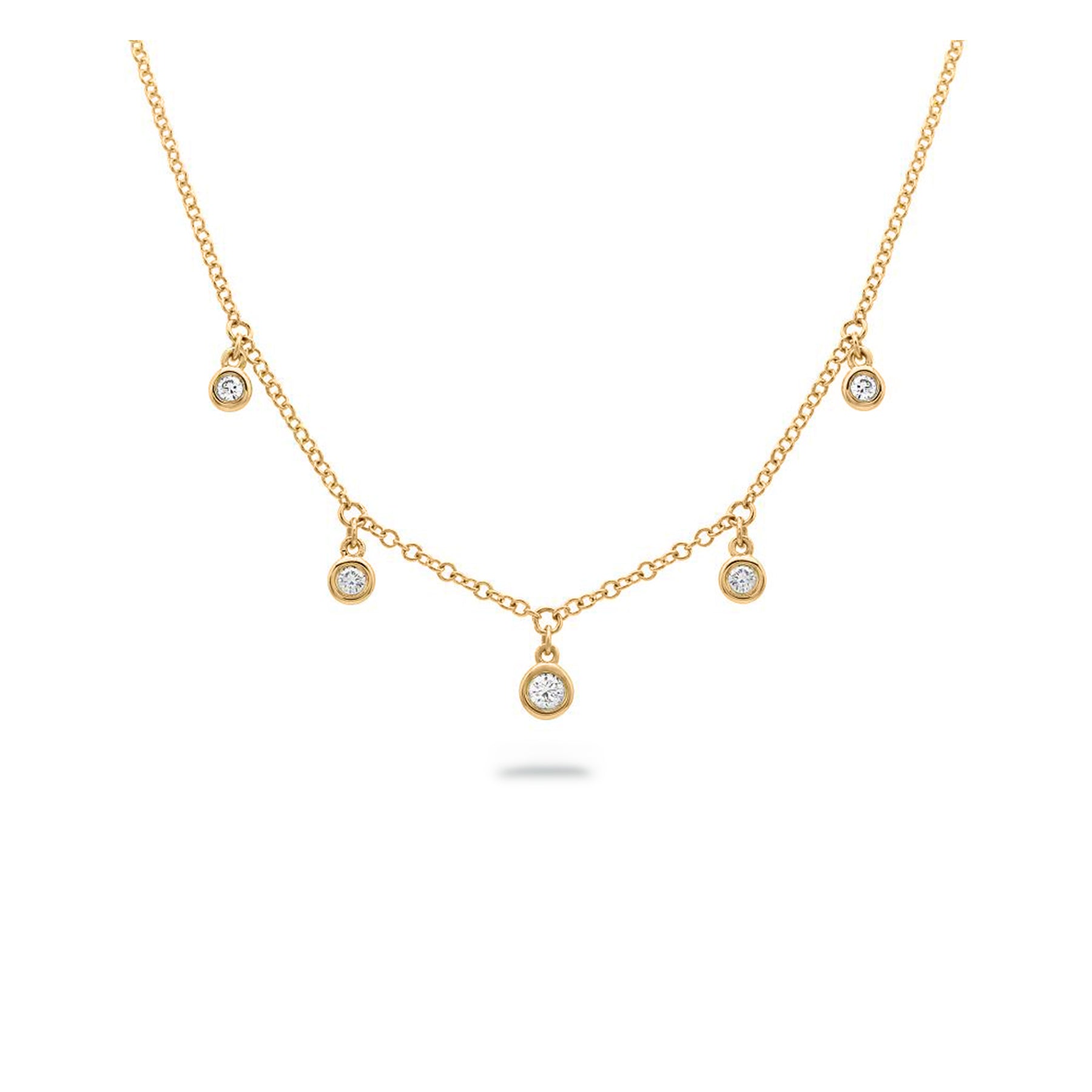 14k yellow gold graduated round bezel diamond dangle station necklace