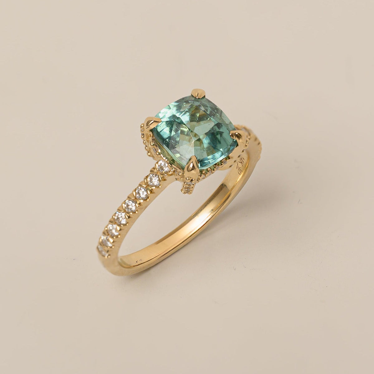 14k yellow gold cushion cut seafoam green tourmaline diamond pave cocktail ring
