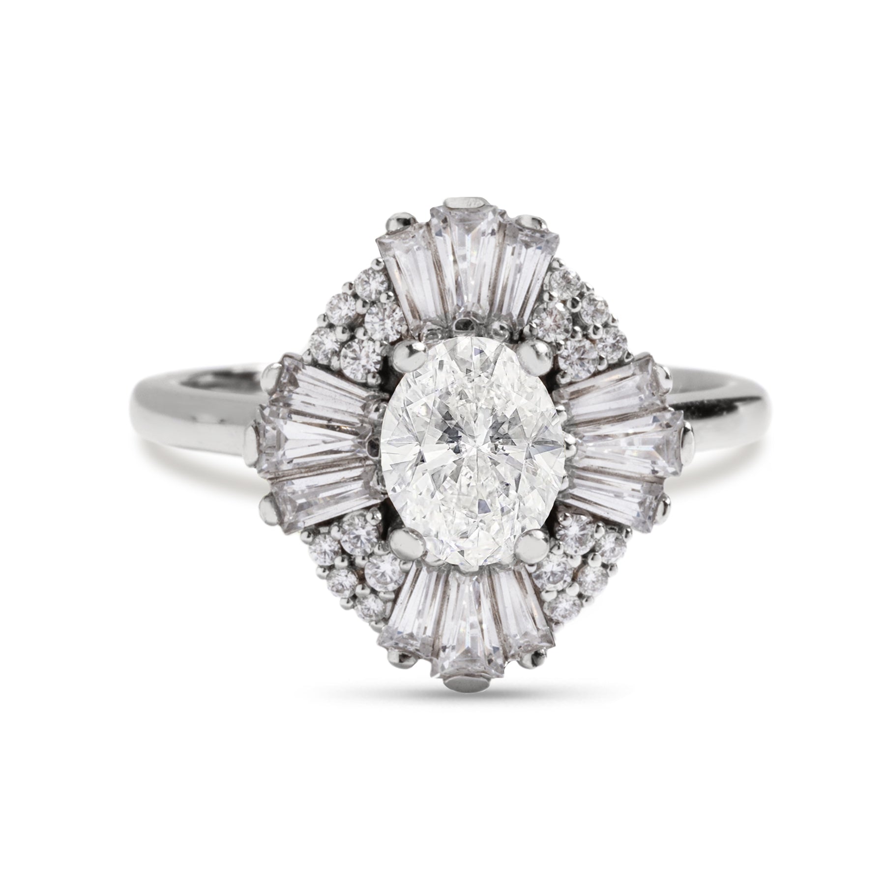 14k yellow, white, or rose gold diamond semi custom engagement ring cathedral to diamond with round and baguette diamond halo