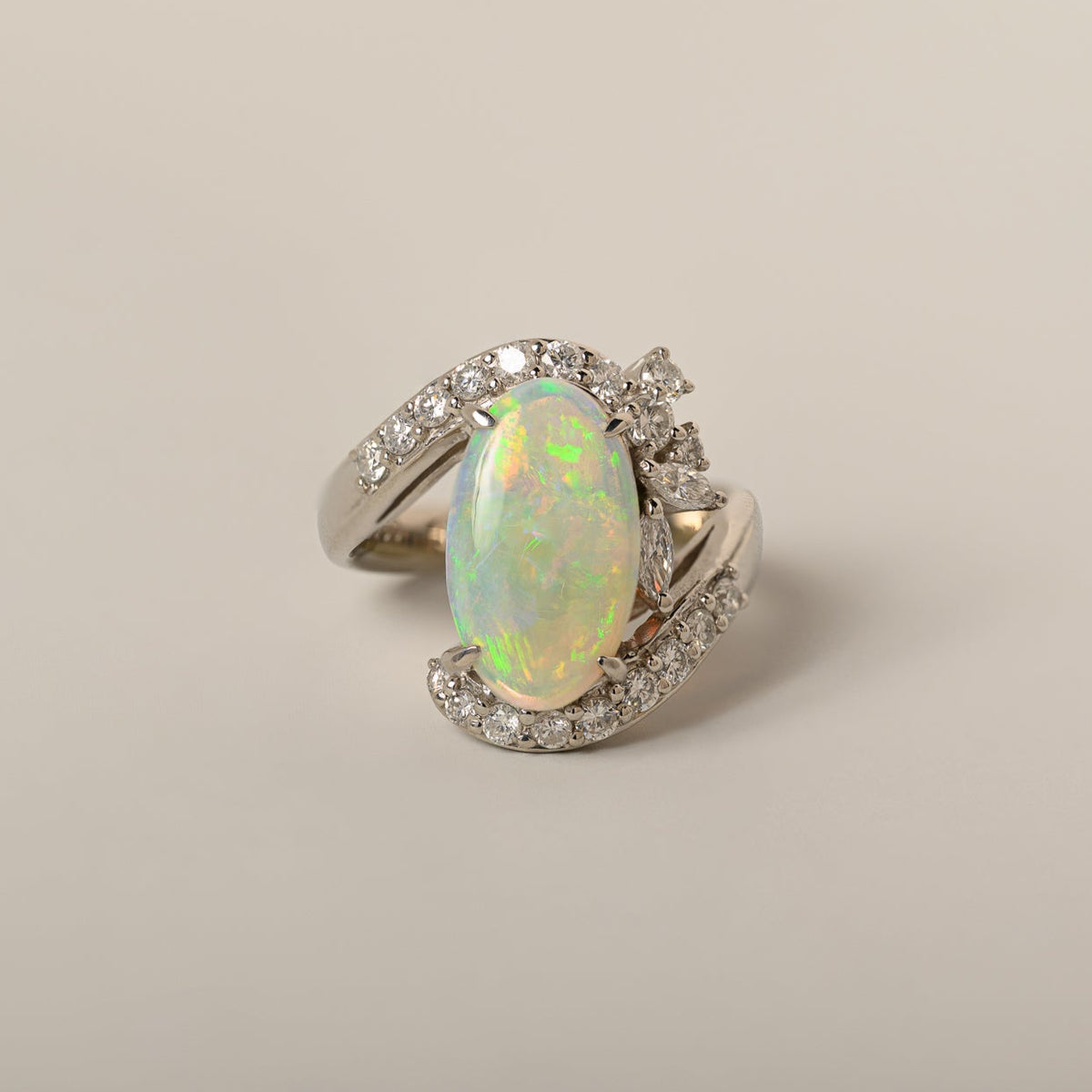 platinum oval opal diamond accent bypass contemporary estate cocktail ring