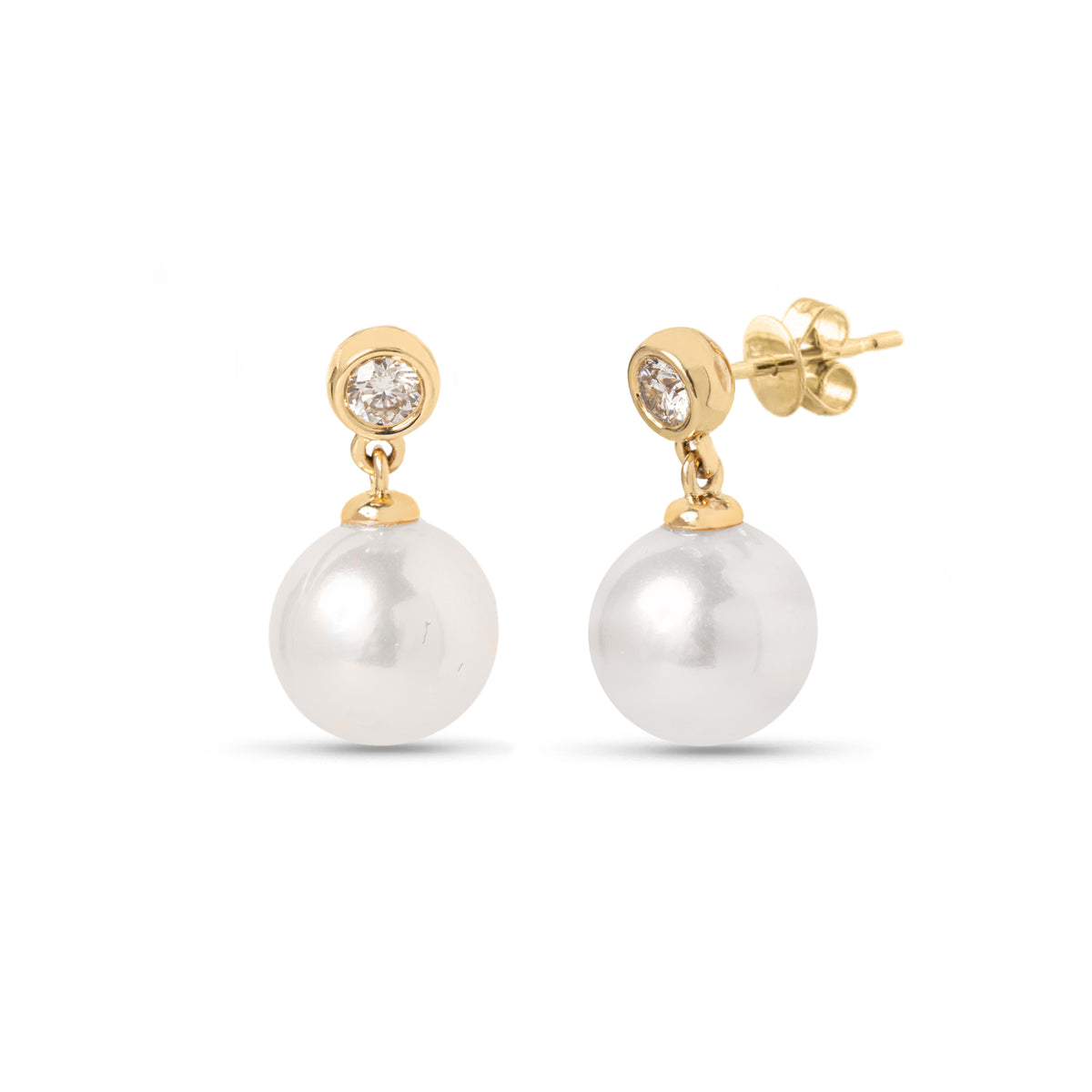 14k yellow gold diamond bezel studs with pearl drop earrings