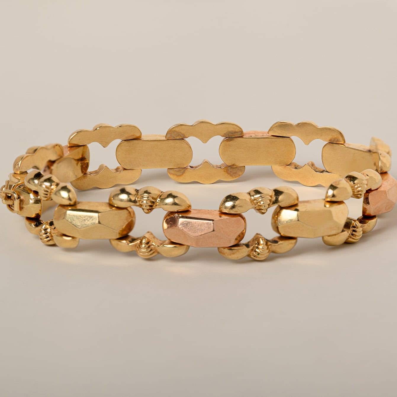 14k bicolor yellow and rose gold alternating link butterfly motif retro estate bracelet 7.5"