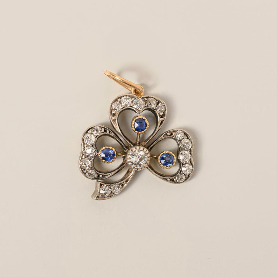 14k yellow gold edwardian era vintage sapphire diamond three leaf clover pendant charm