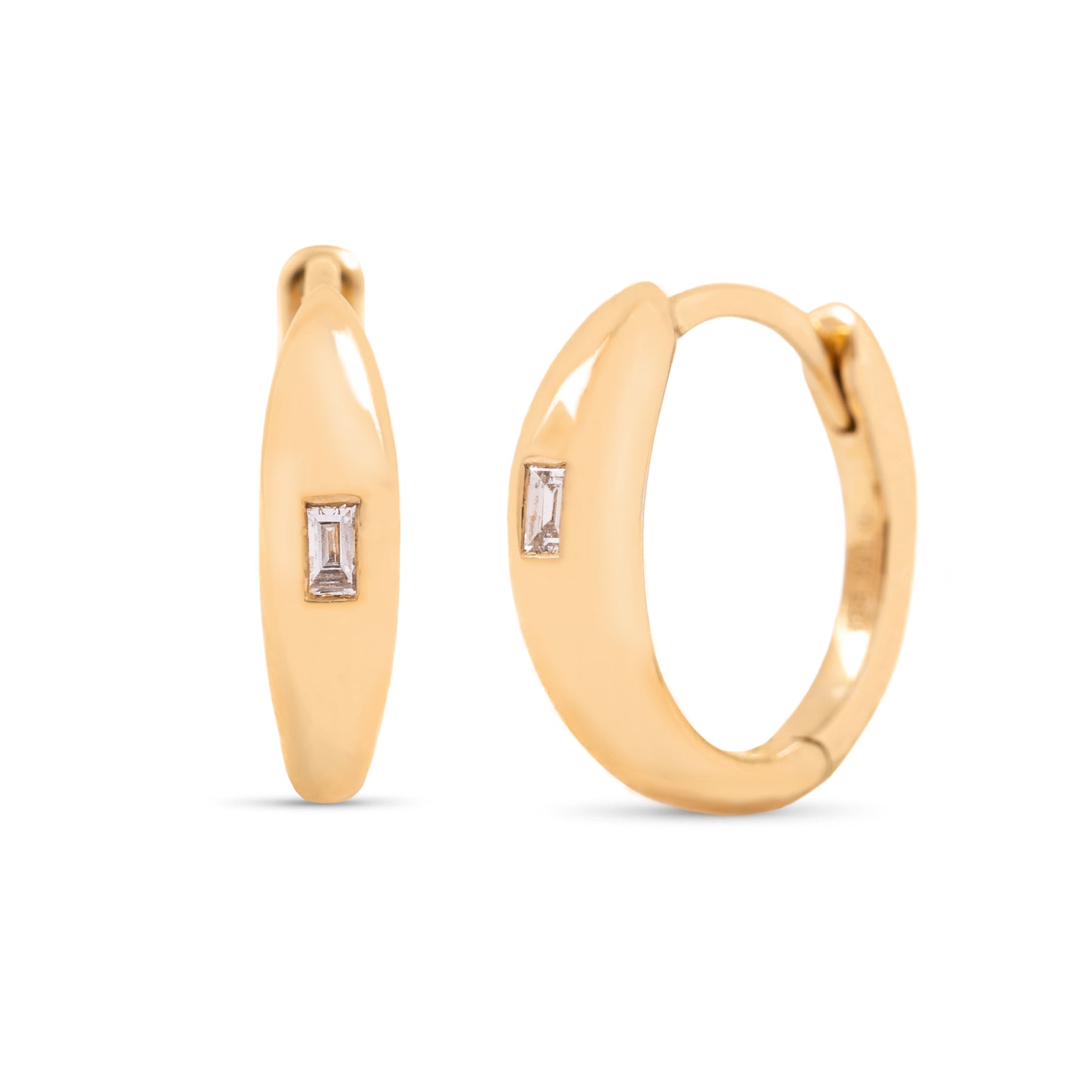 14k yellow gold inlay baguette diamond huggie hoop earrings