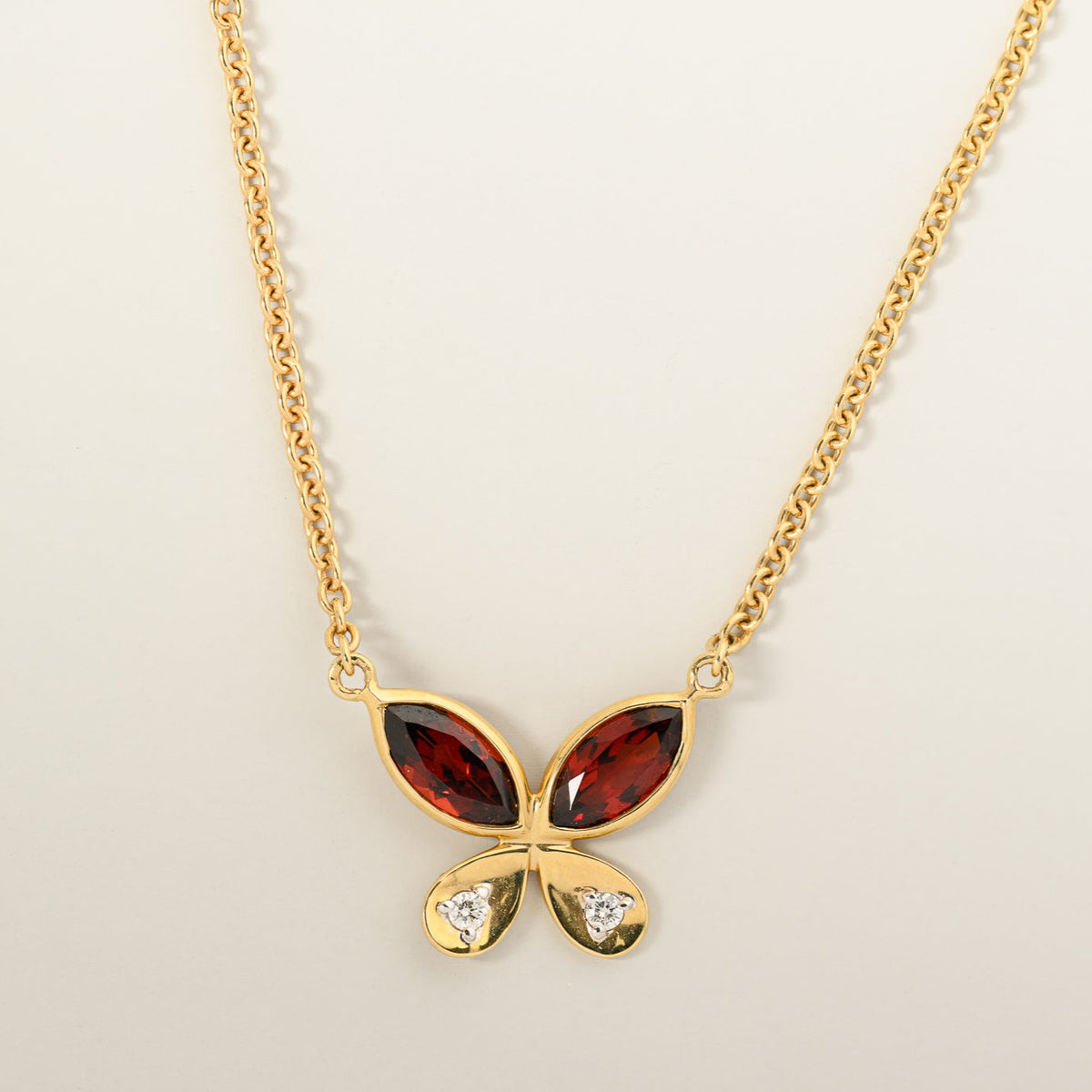 14k yellow gold marquise garnet diamond butterfly contemporary estate pendant necklace