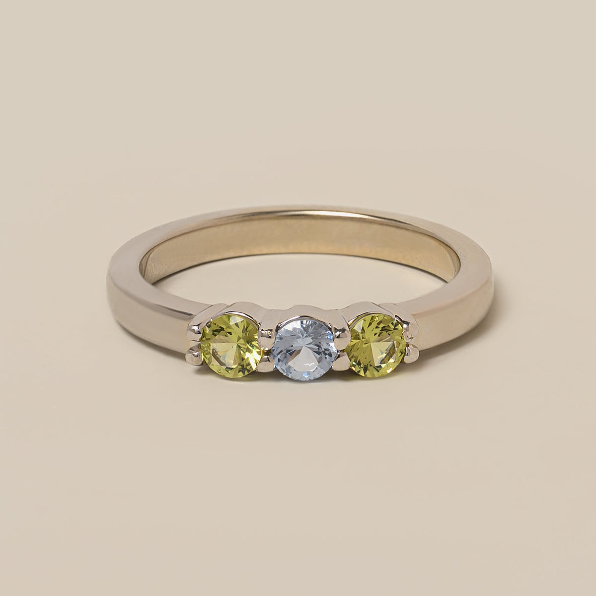 14k gold 3 stone shared prong customizable birthstone ring