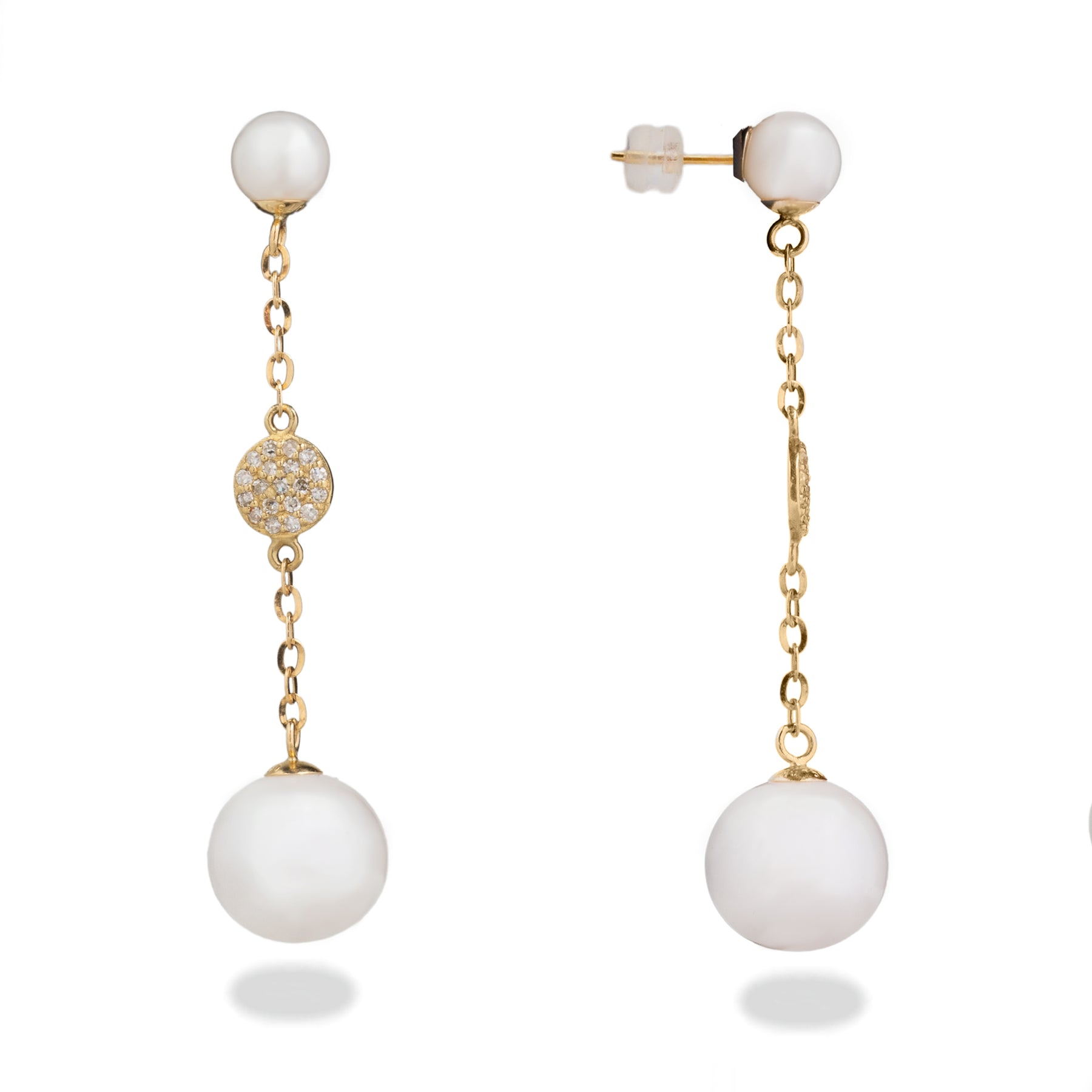 14k yellow gold two pearl diamond pave disc long drop earrings