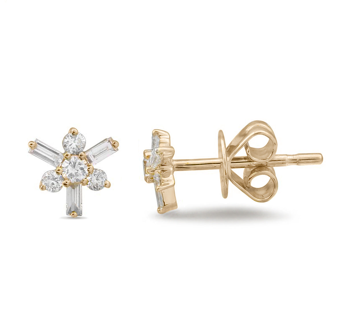 14k yellow gold baguette and round cut diamond cluster stud earrings
