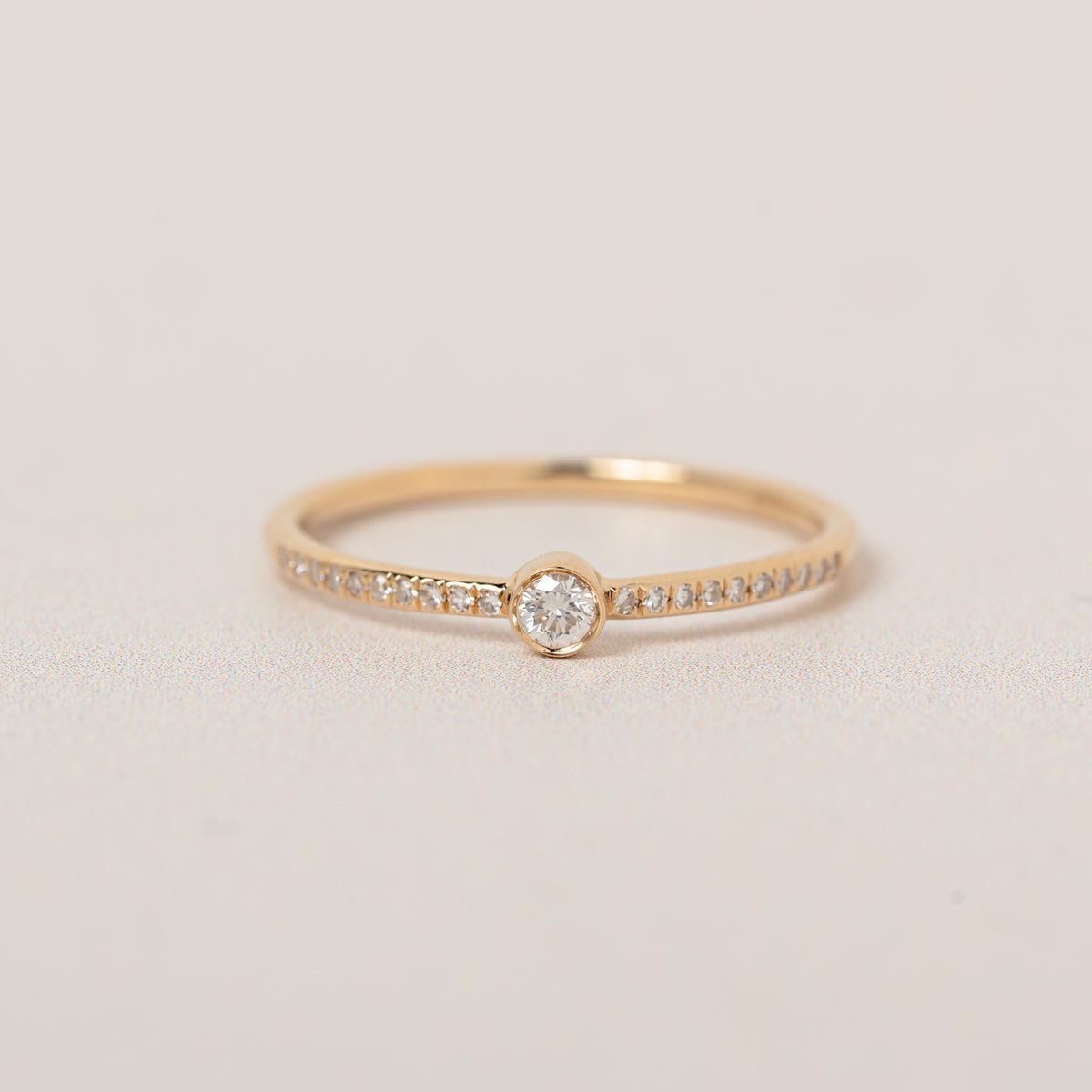 14k yellow gold bezel set diamond pave band stacking ring