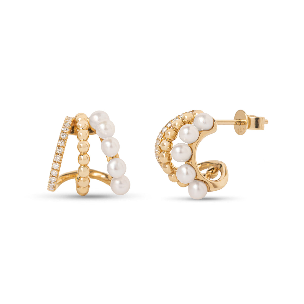14k yellow gold diamond, gold, and pearl 3 row huggies earrings