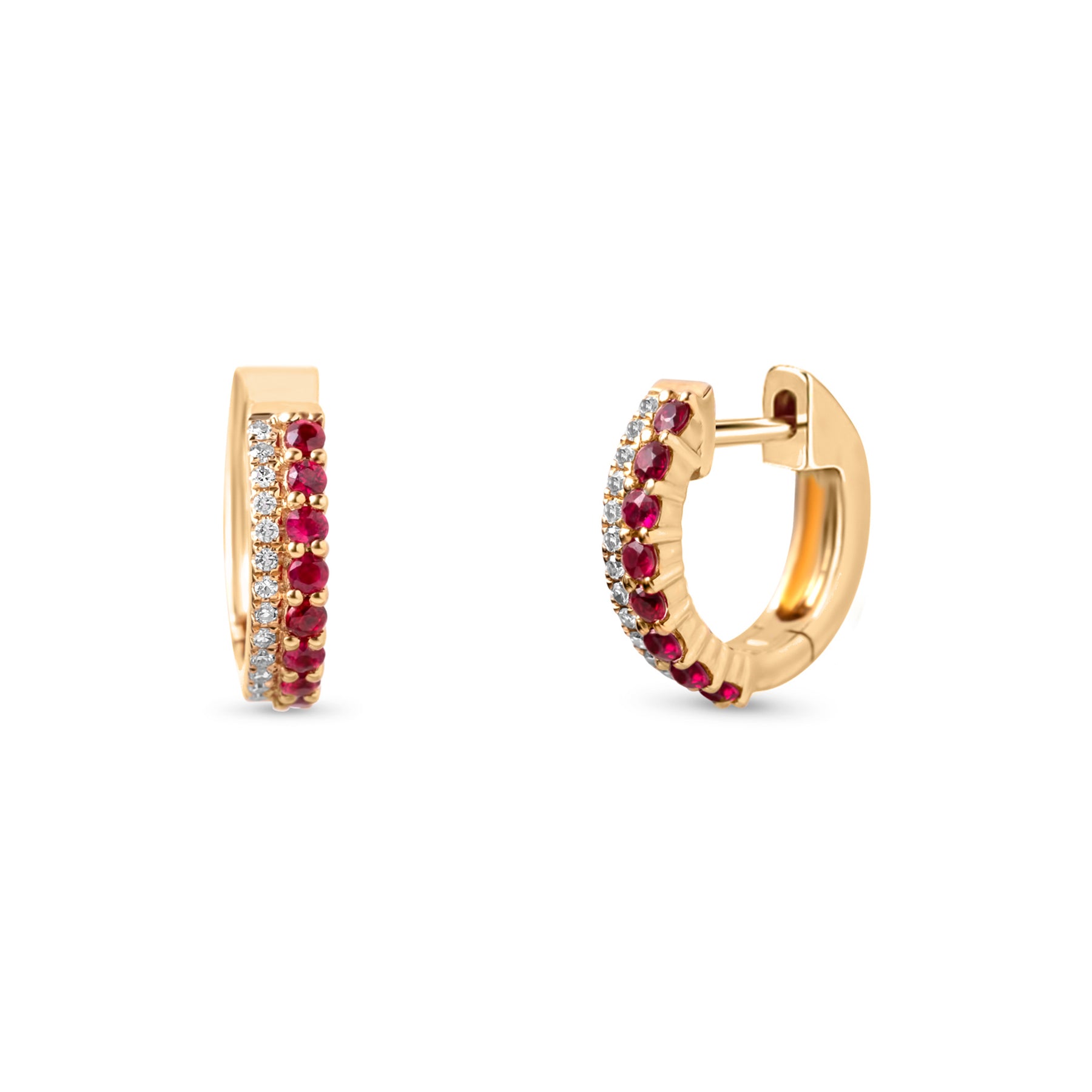 14k yellow gold diamond and ruby, sapphire, or emerald huggies