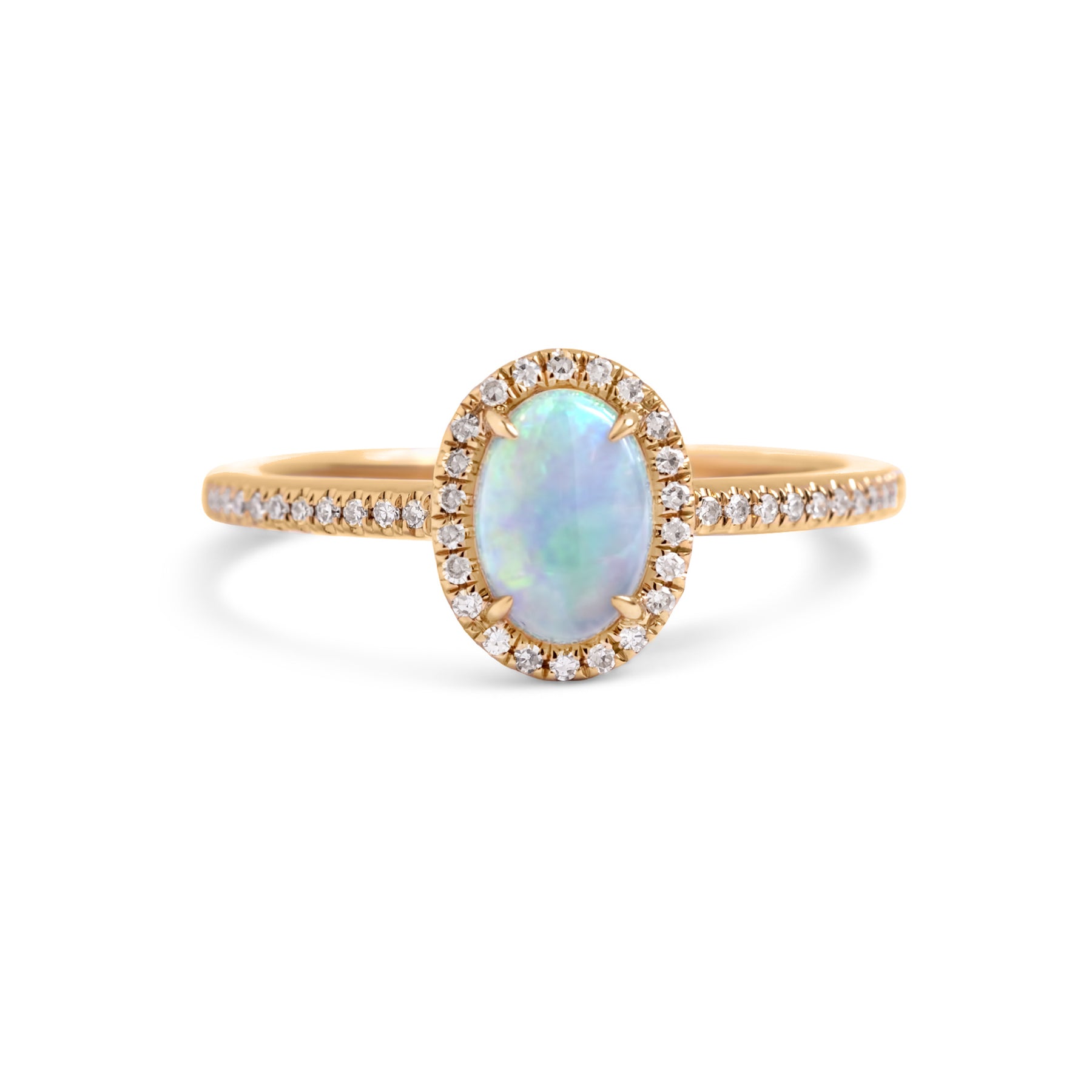 14k yellow gold oval opal ring with diamond halo and diamond band