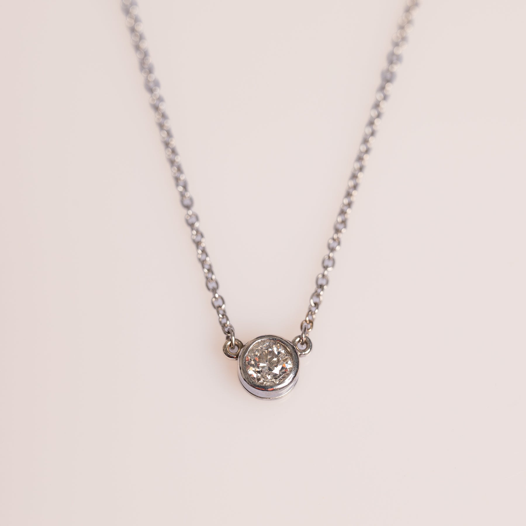 14k white gold 0.59ct old euro cut diamond bezel set pendant necklace