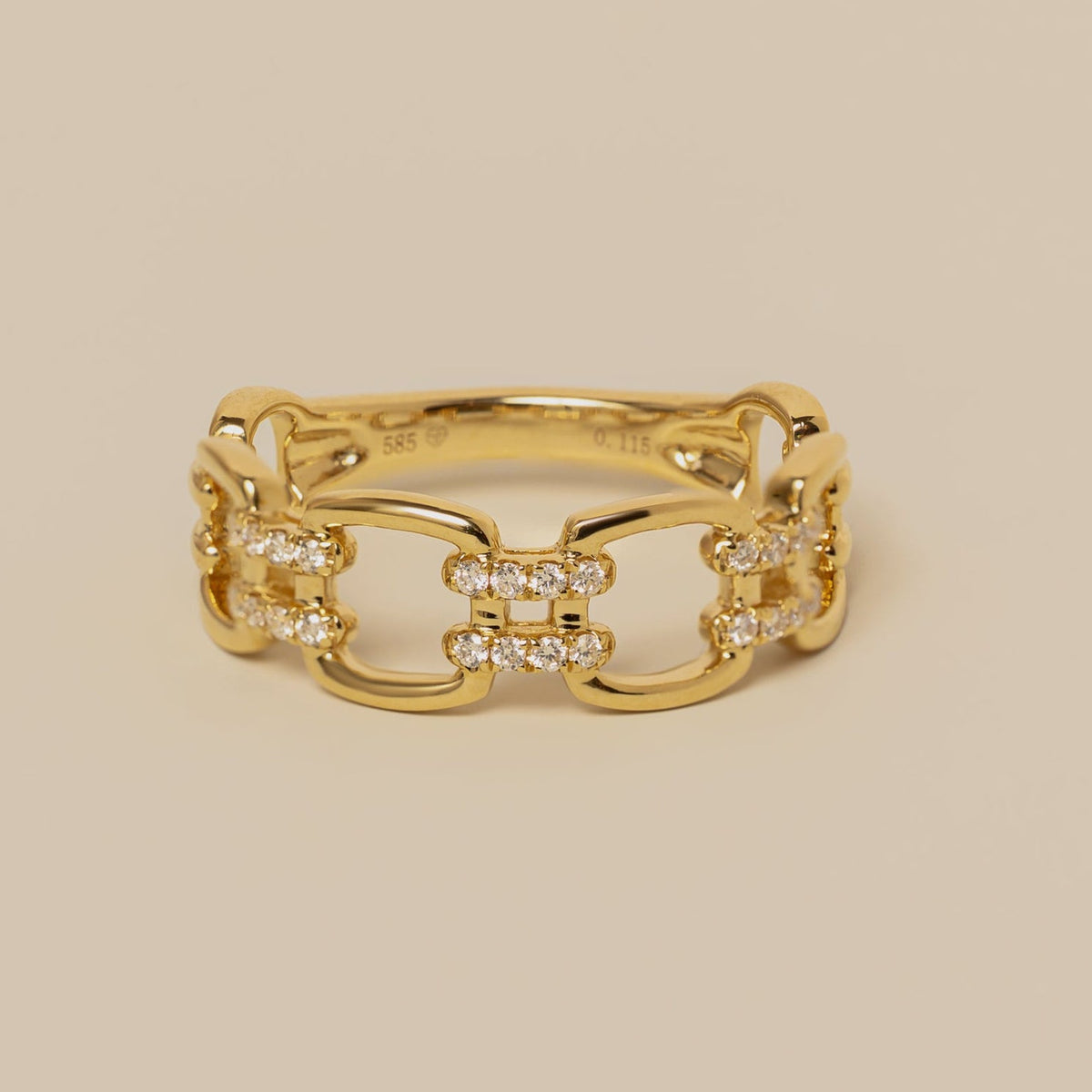 14k yellow gold link ring with diamond pave accent