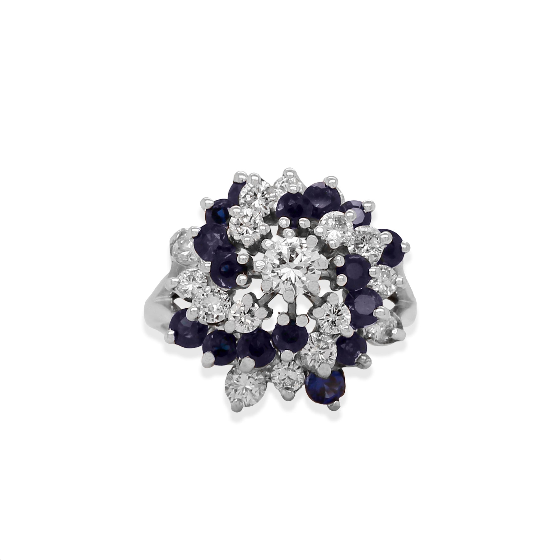 estate 14k white gold diamond and sapphire spiral cluster ring