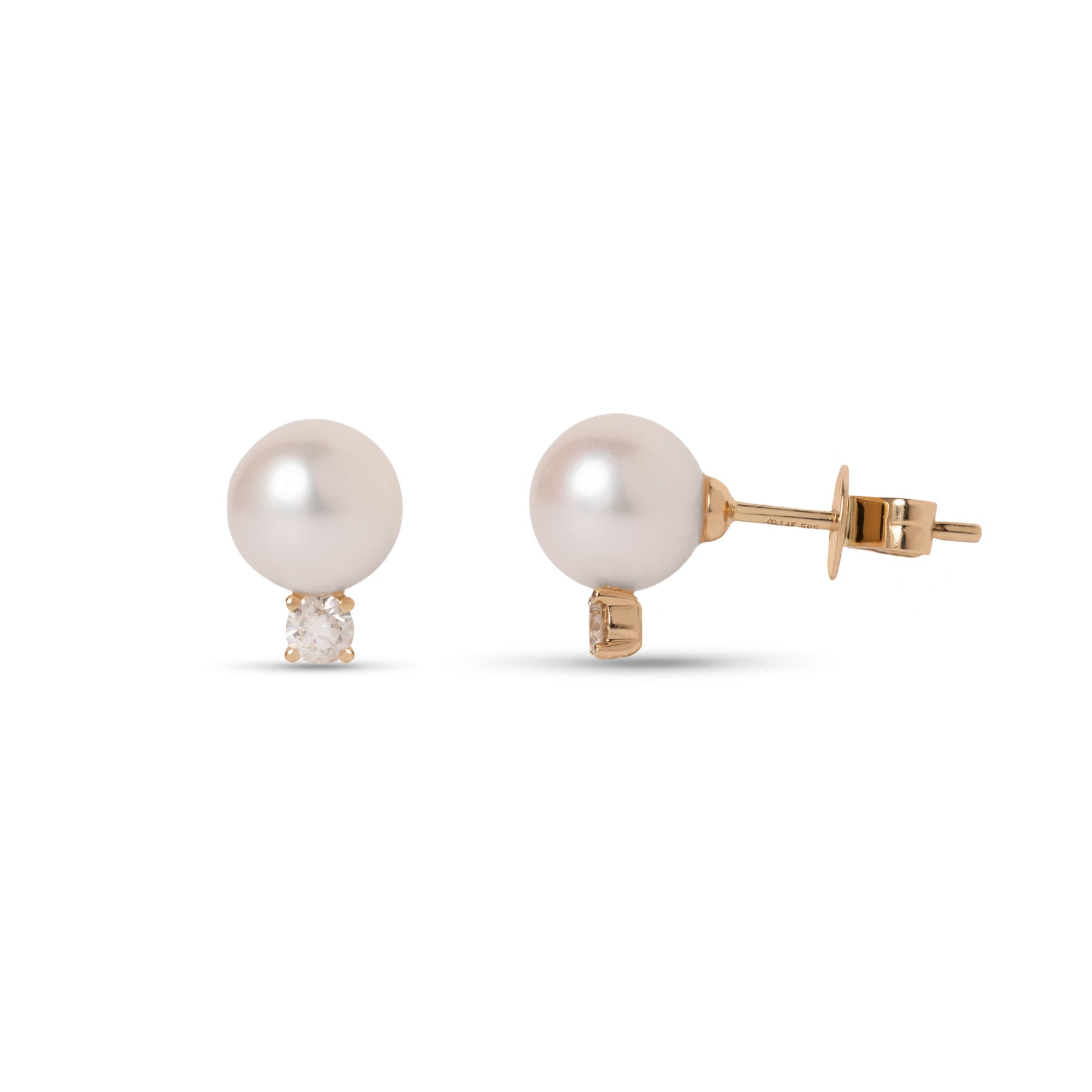 14k yellow gold pearl and diamond stud earrings