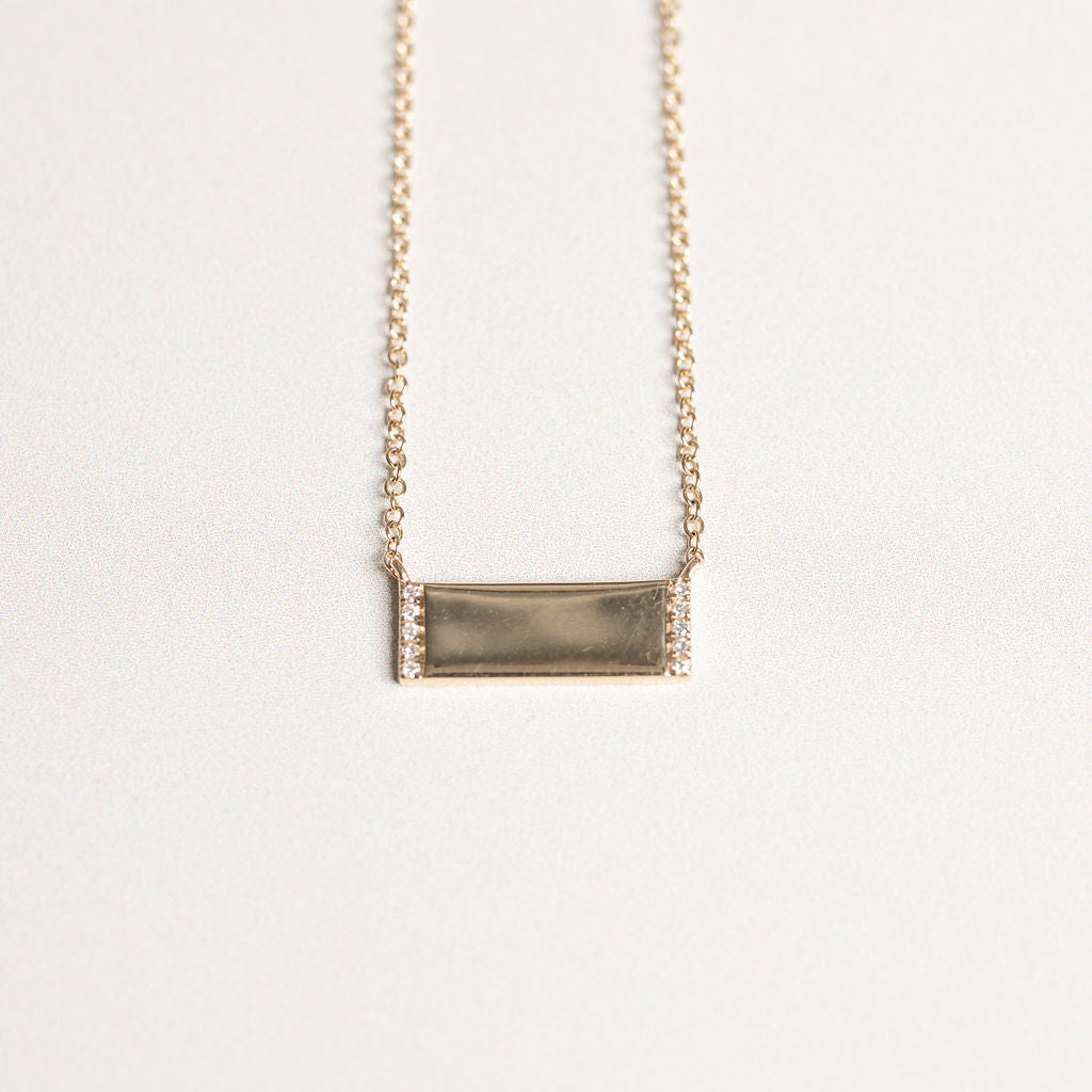 14k yellow gold diamond pave bar necklace personalized engraving