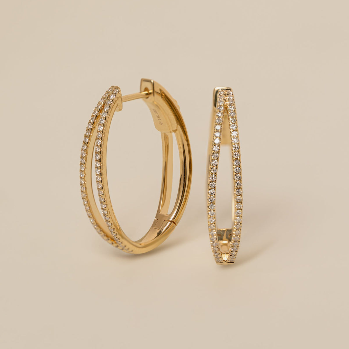 14k gold diamond pave split elongated hoop earrings
