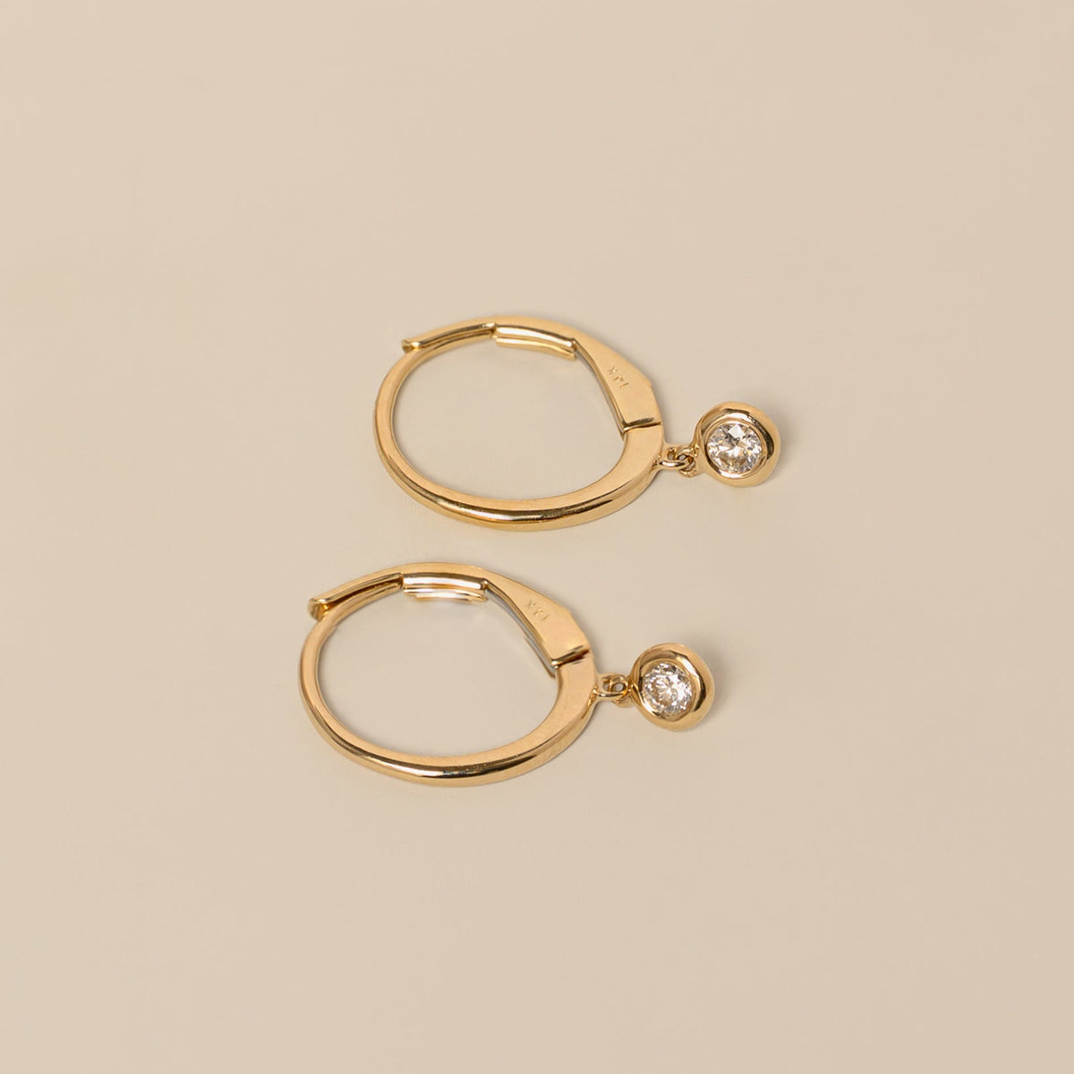 14k gold diamond bezel dangle leverback hoop earrings