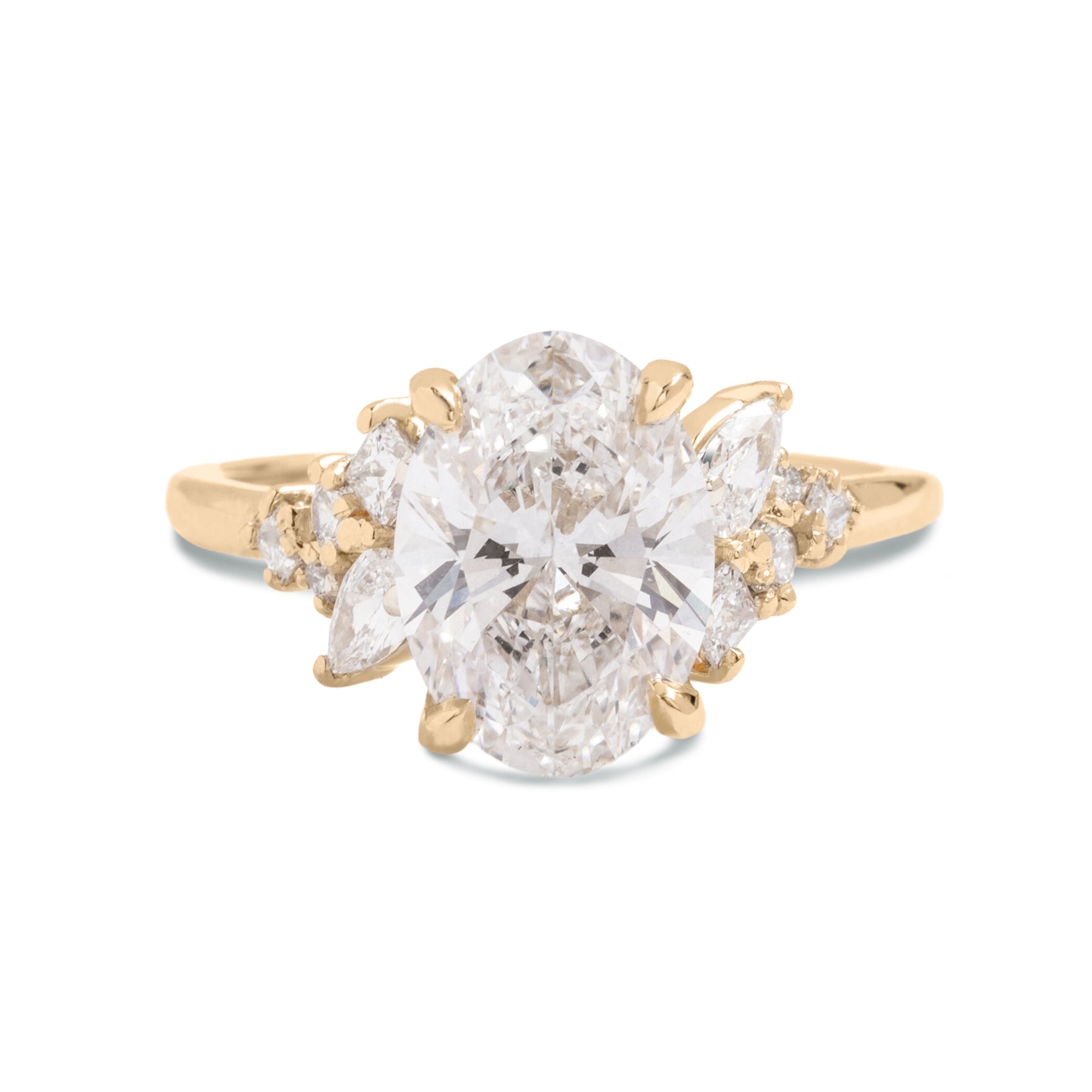 oval cut lab grown diamond prong set cluster diamond side stones 14k gold engagement ring