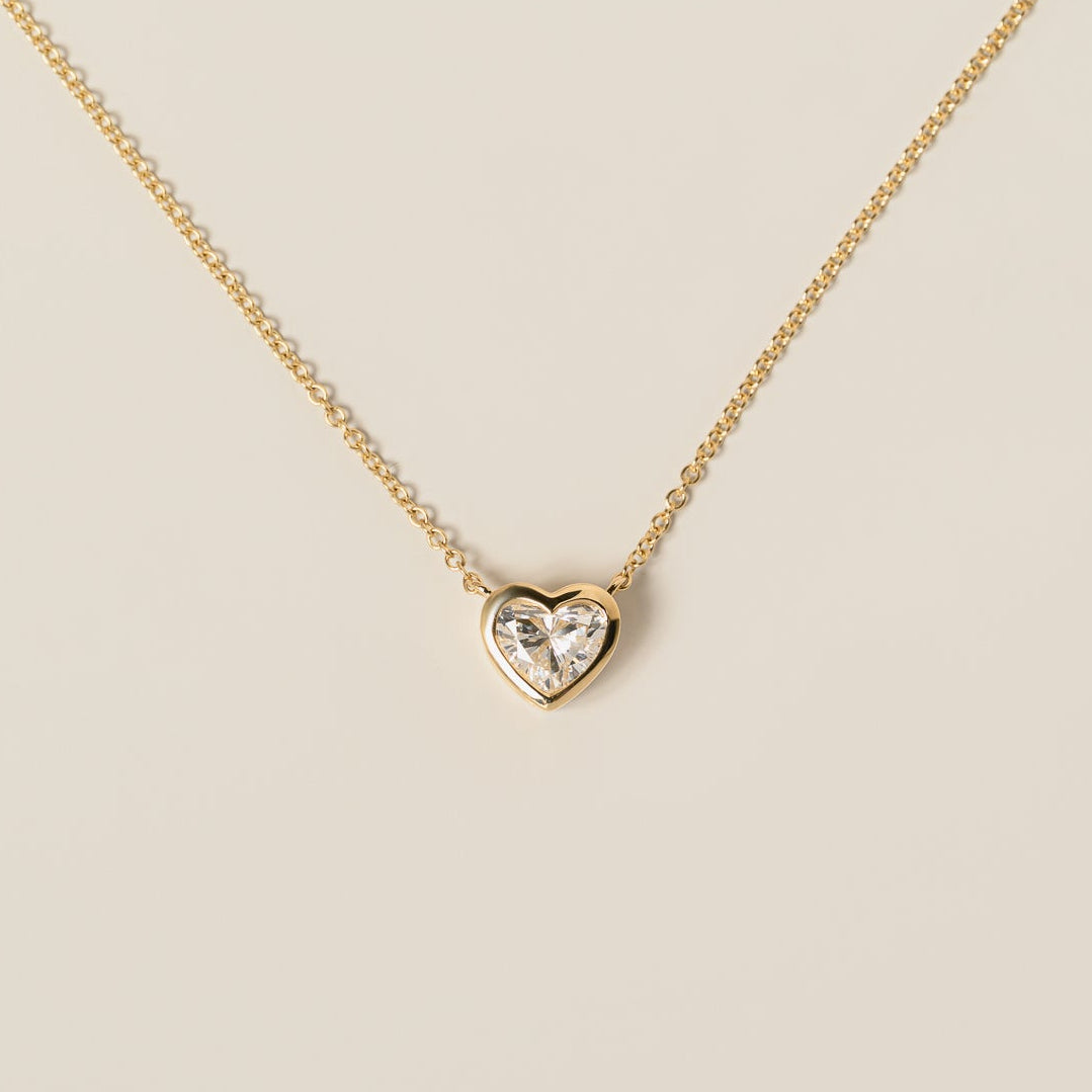 14k yellow gold bezel set heart shape lab diamond pendant necklace
