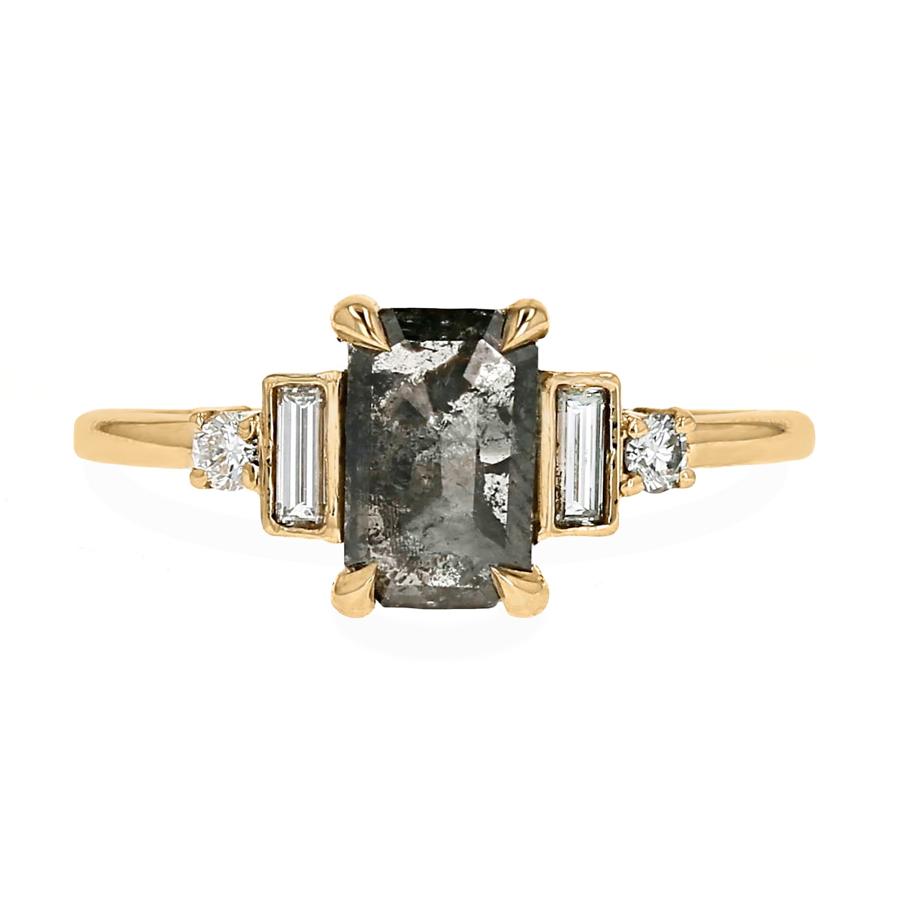 1.01ct emerald cut gray diamond engagement ring with bezel set baguette round cut accent stones 14k yellow gold