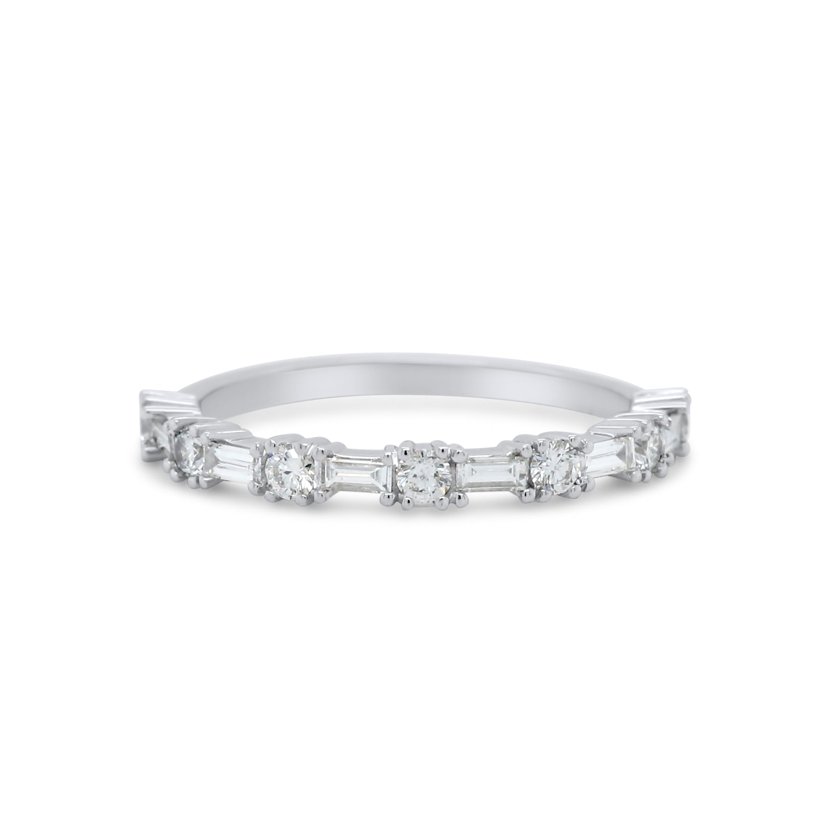 14k yellow white or rose gold baguette and round diamond wedding band prong set