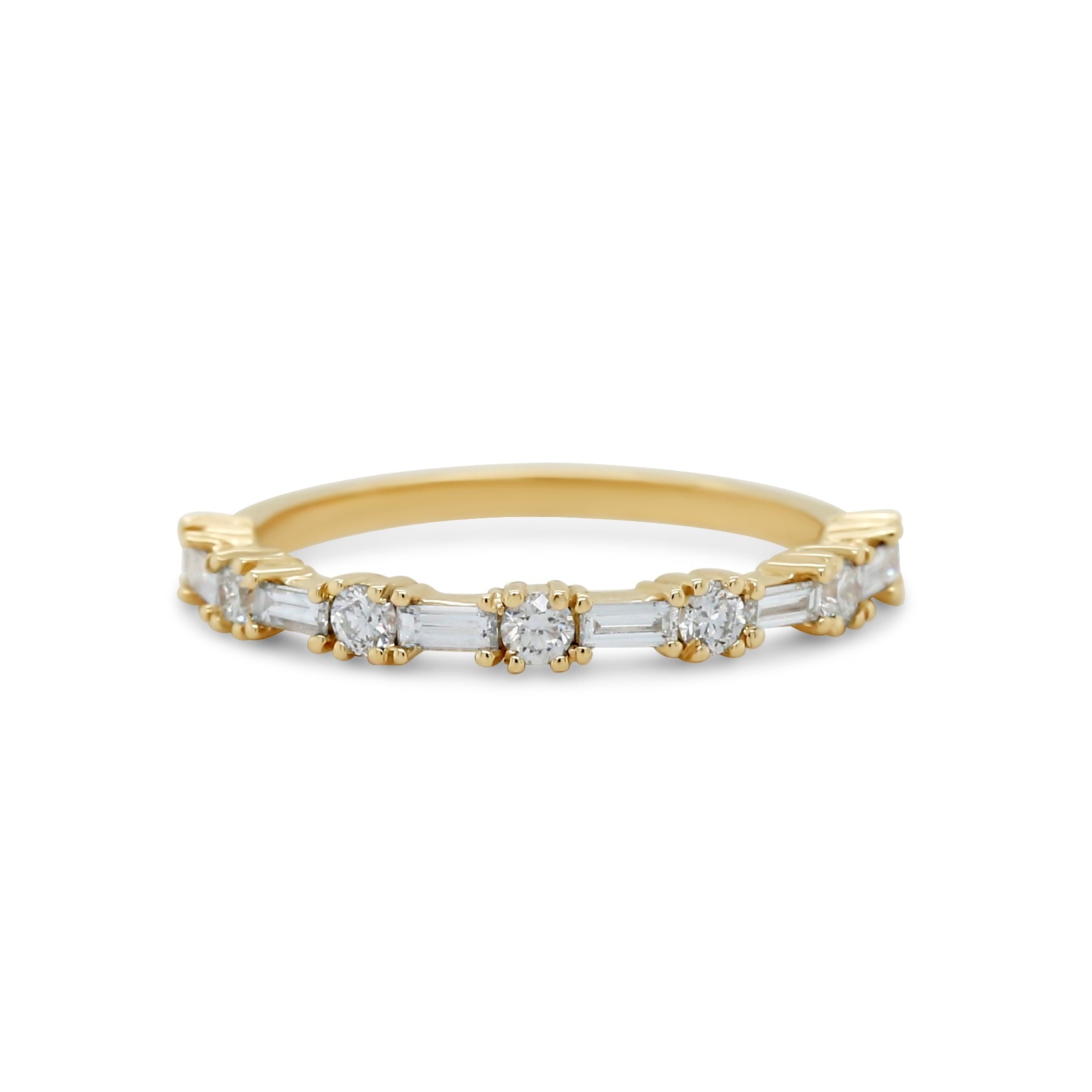 14k yellow white or rose gold baguette and round diamond wedding band prong set