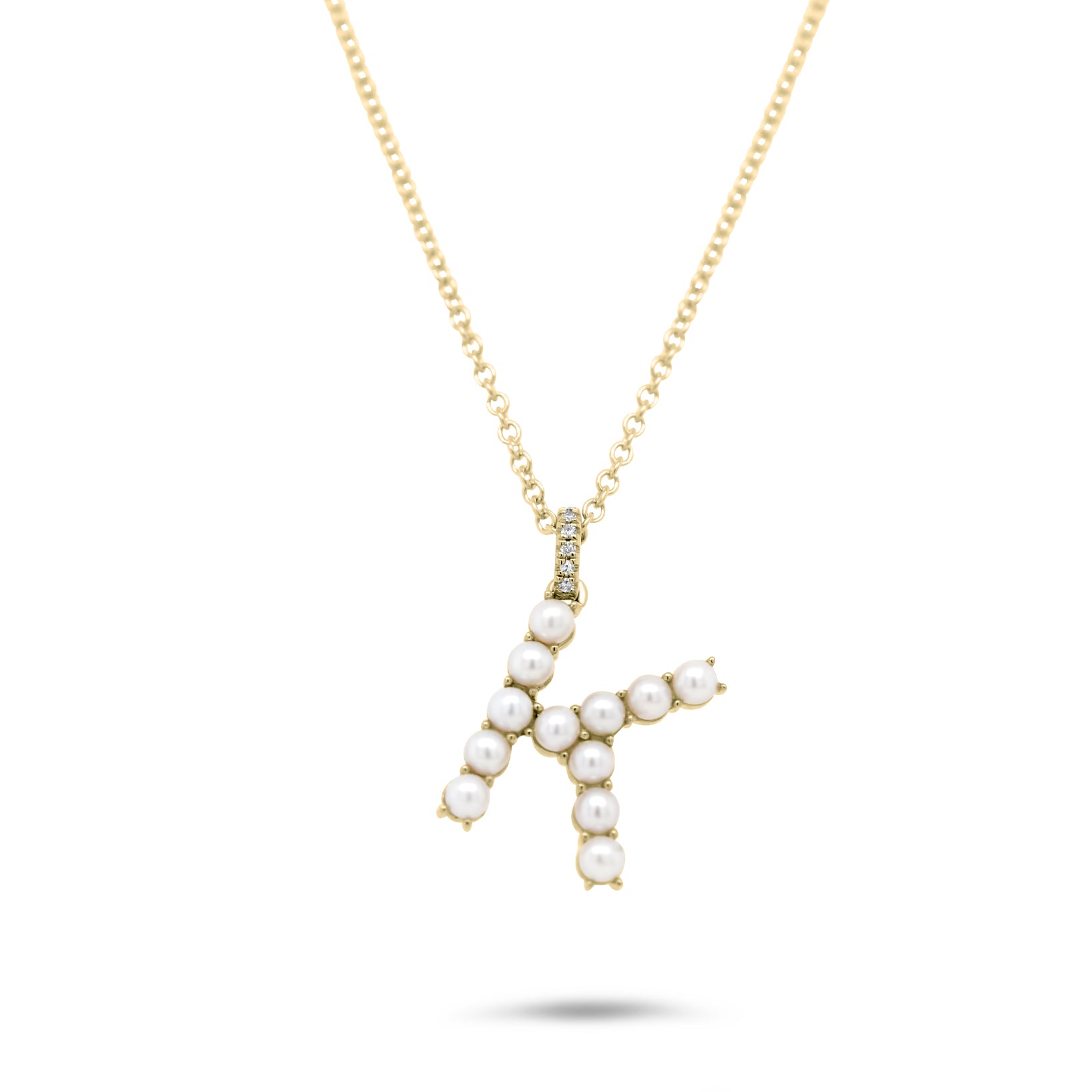 14k yellow gold pearl initial letter pendant with diamond pave bail necklace