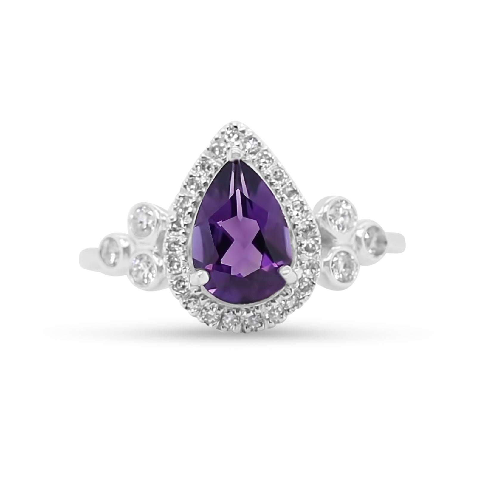 14k white gold pear shaped amethyst diamond halo bezel set diamond trio side stones contemporary estate ring