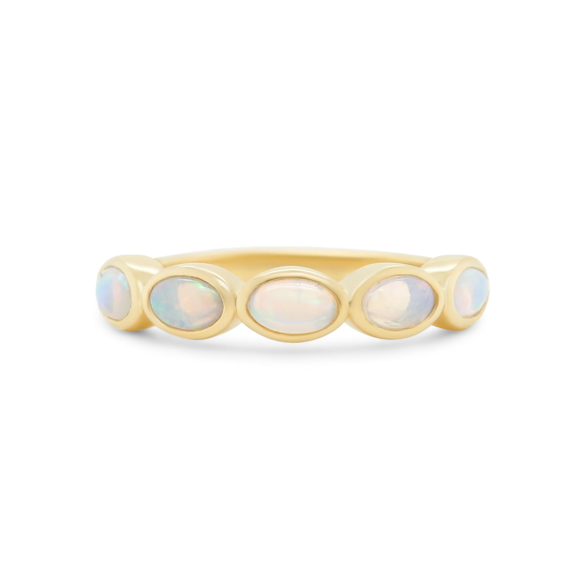 five stone east west bezel set opal ring