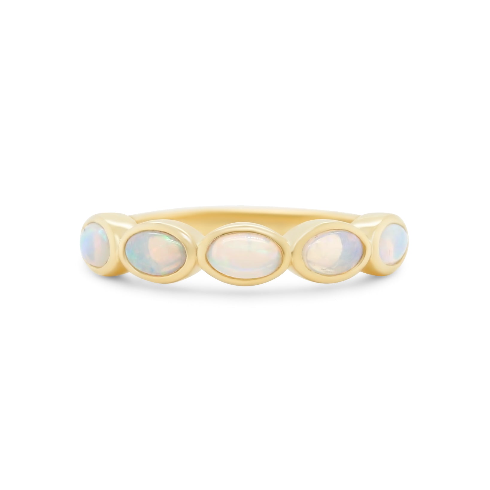 five stone east west bezel set opal ring