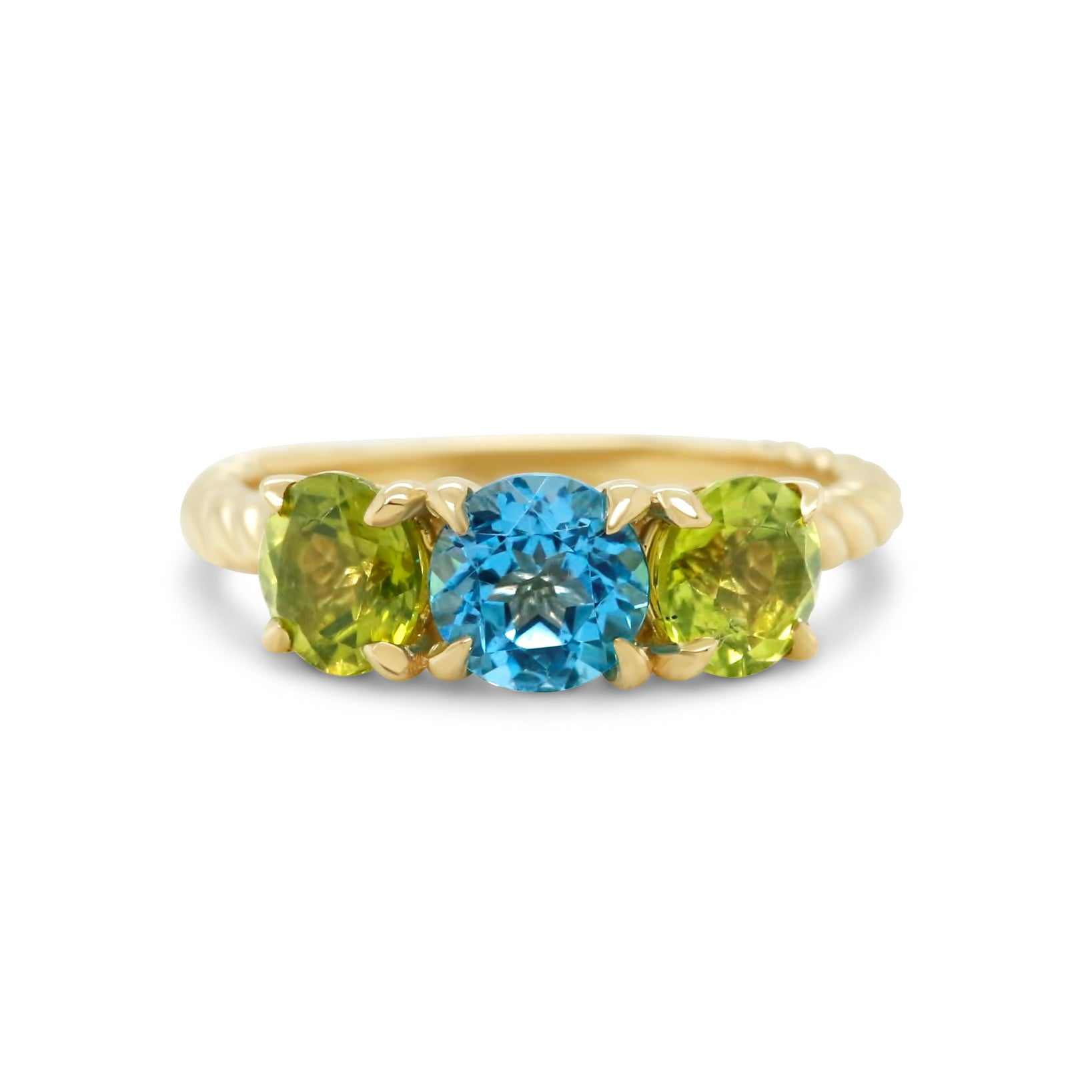 14k yellow gold rope band three stone gemstone ring blue topaz peridot